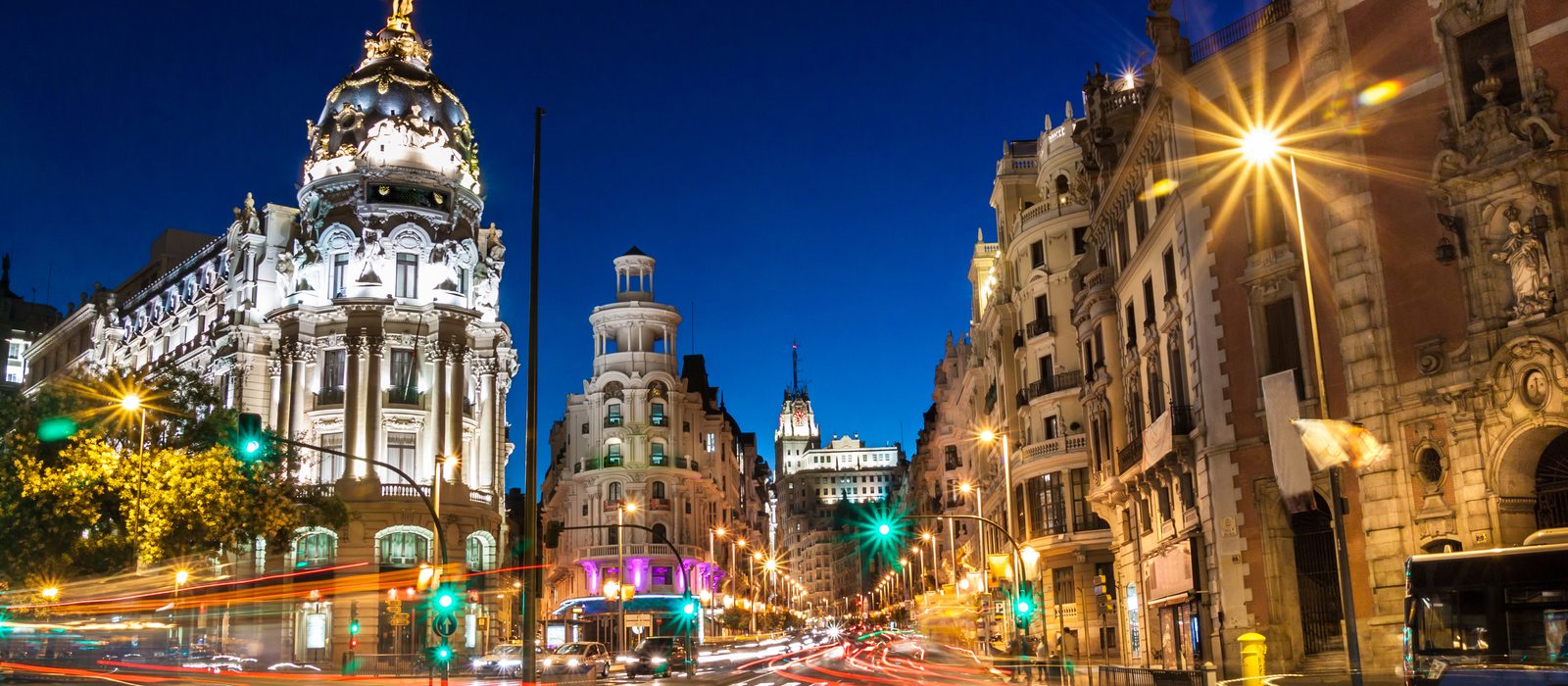 Gran Vía at night with light trails, Madrid